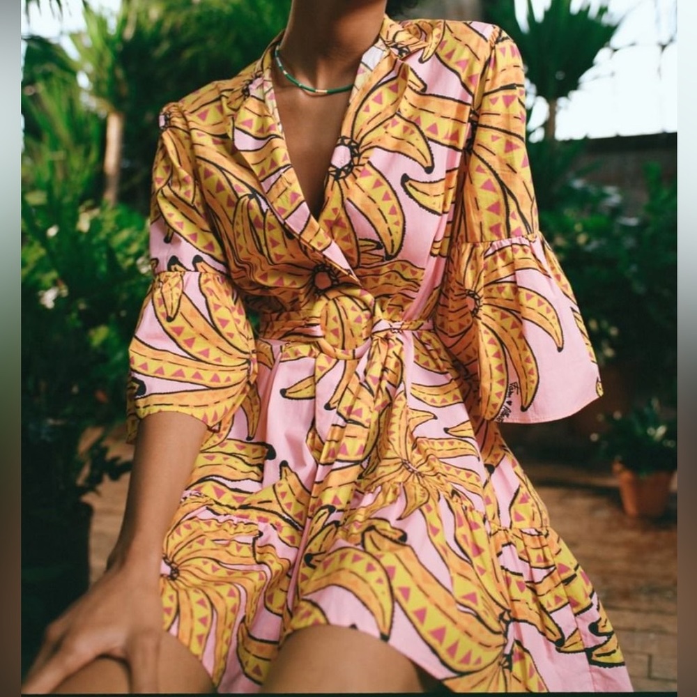 FARM Rio Pink and Yellow Banana-Print Mini Dress
